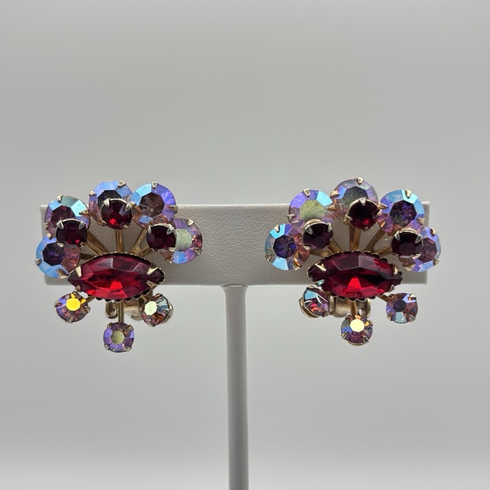 Vintage AB Aurora Borealis Red Rhinestone Clip On Earrings Cluster Faceted